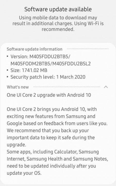Samsung Galaxy M40 receives Android 10-based OneUI 2.0 update