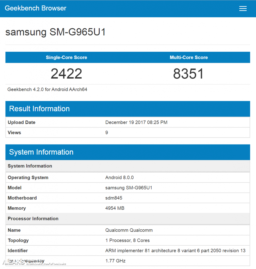 Galaxy S9+ exposed by GeekBench, Snapdragon 845, 6GB RAM and Android 8.0 Oreo