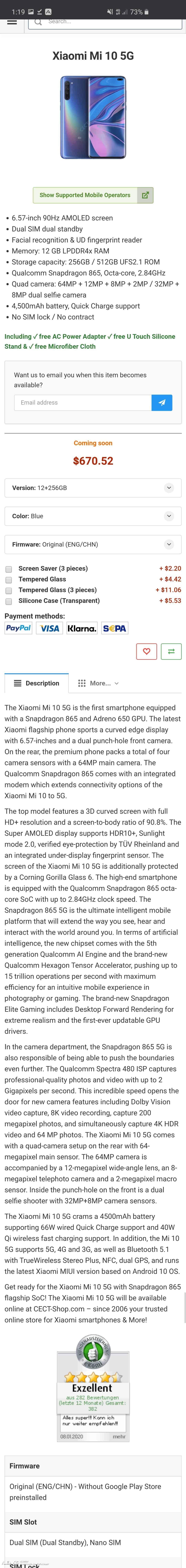 Xiaomi Mi 10 appears in an online store showing features and price