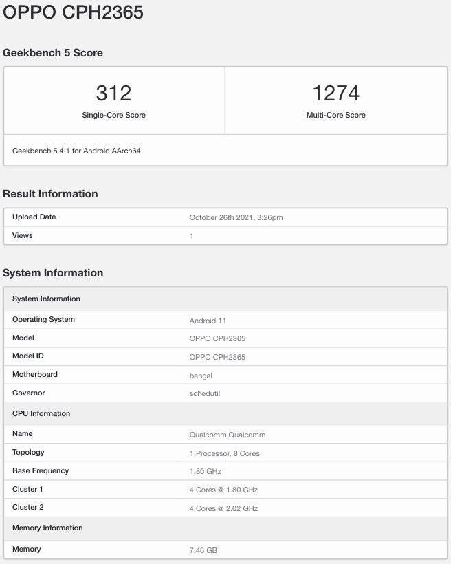 Oppo A95 4G passes by Geekbench with Snapdragon 662 and 8GB of RAM