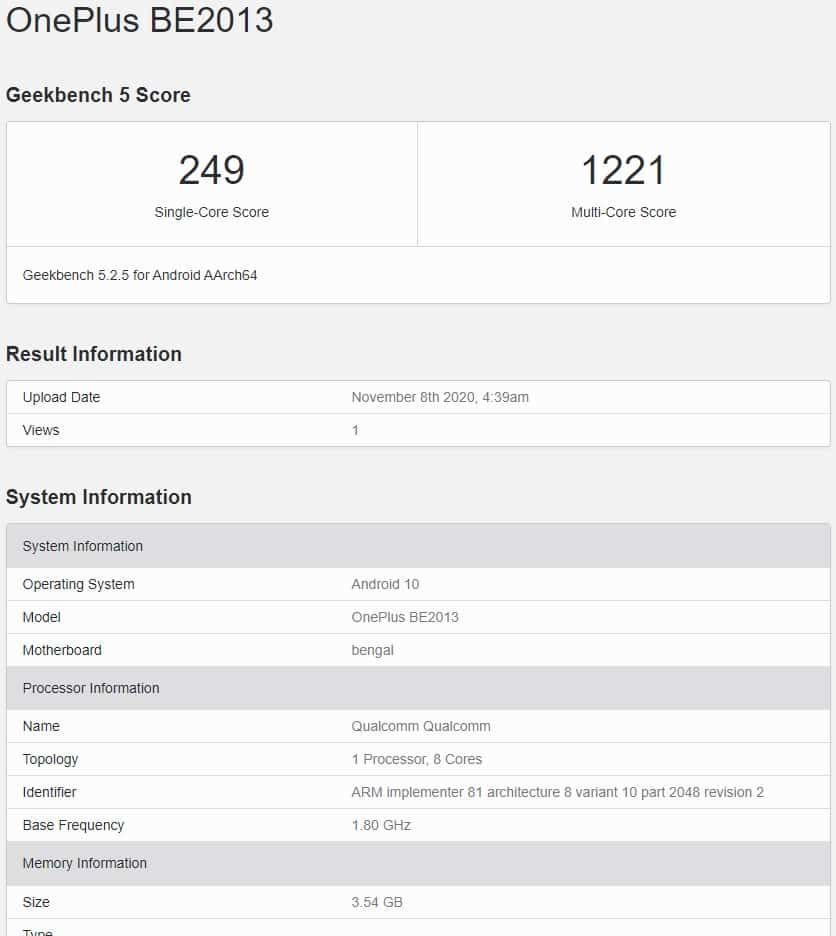 OnePlus Nord N100 (Asian version) passes by GeekBench Benchmark