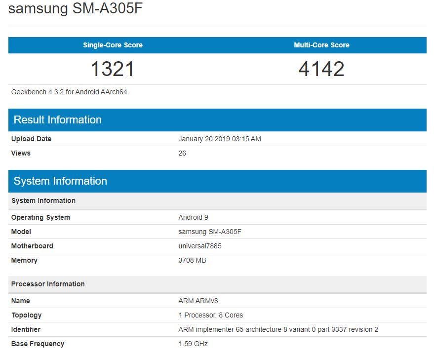 Samsung Galaxy A30 spotted on Geekbench with Exynos 7885 and 4GB of RAM