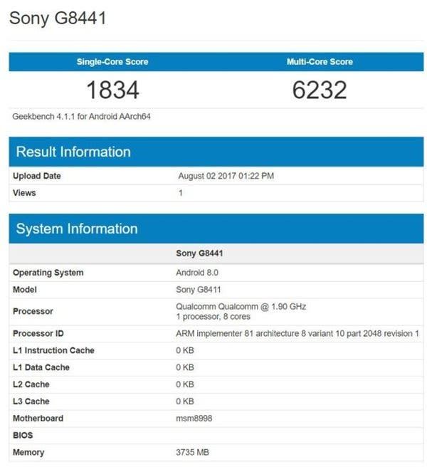 Sony G8441 (XZ1 Compact) appears on Geekbench