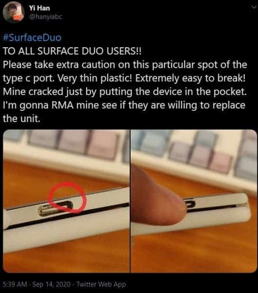 Surface Duo is cracking due to very thin plastic near the USB-C port