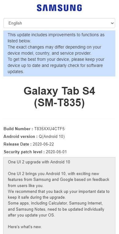 Samsung released Android 10 with One UI 2.0 for the Galaxy Tab S4