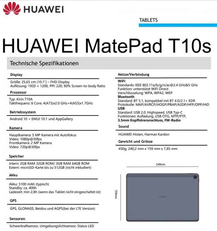 Huawei MatePad T10 and T10s specs surface