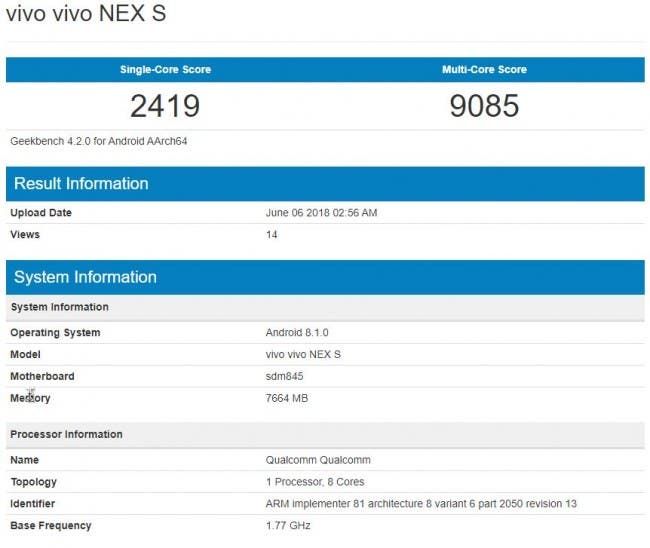 Vivo NEX S with Snapdragon 845 visits Geekbench