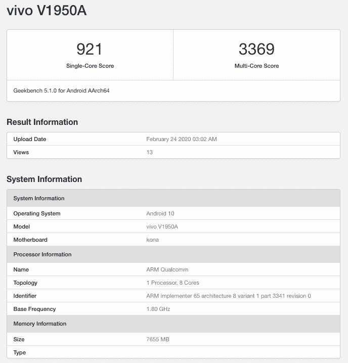 Vivo NEX 3 5G Appears on GeekBench, Features 8GB RAM and SD 856 SoC