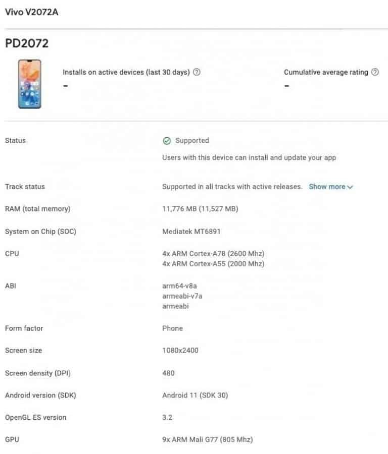Vivo V2072A with Dimensity 1100 spotted on Google Play Console