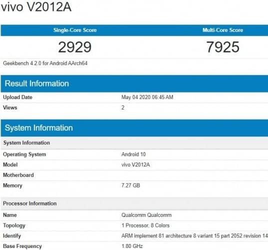 Vivo V2012A pays a visit to GeekBench with Snapdragon 765G and 8GB of RAM