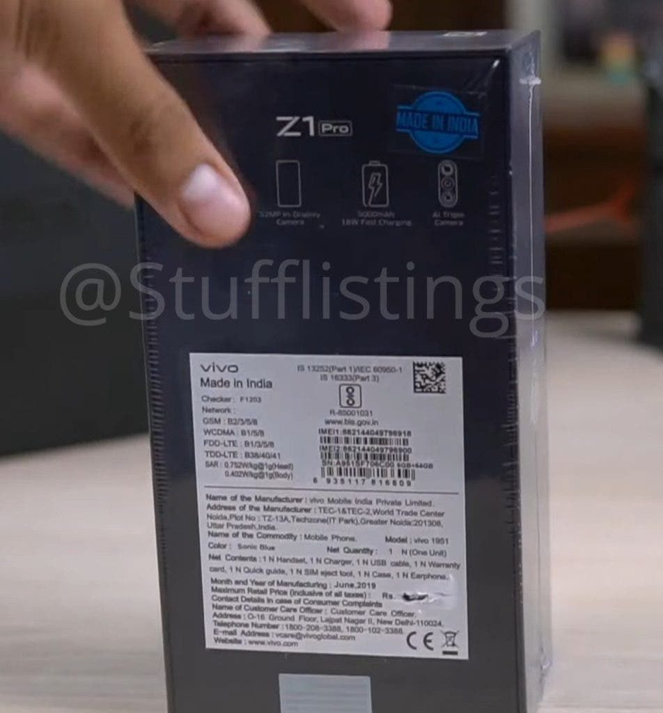 Vivo 1951 is likely Vivo Z1 Pro, hints retail box