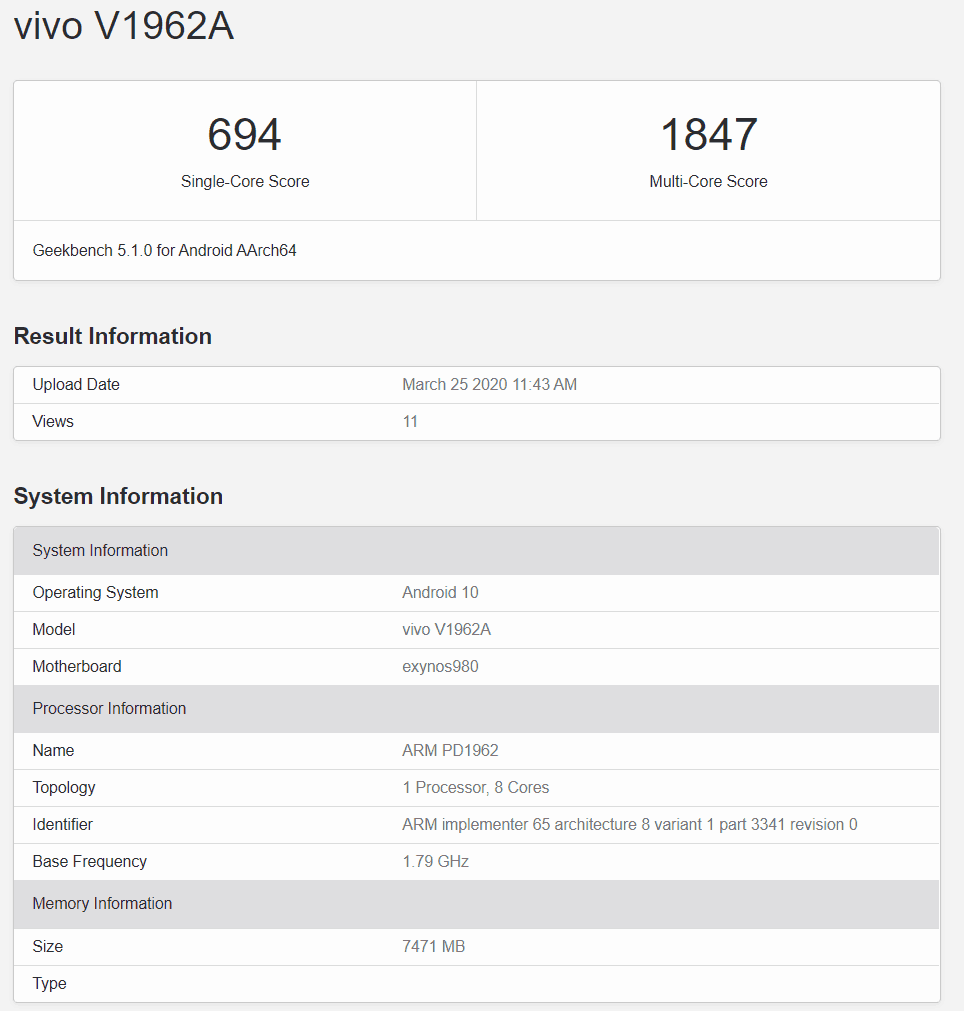 Vivo S6 5G with Exynos 980 spotted at GeekBench