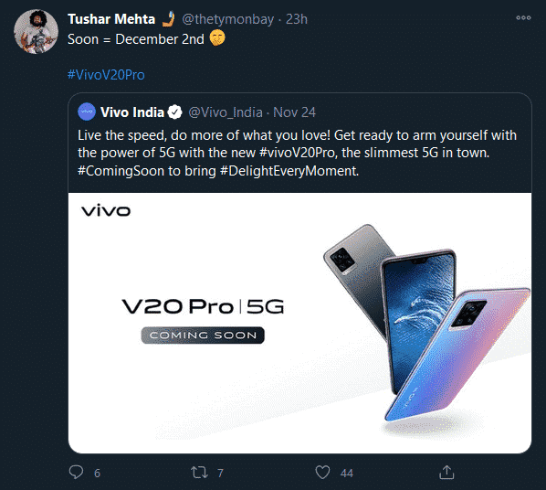 Vivo V20 Pro 5G tipped to launch in India on December 2