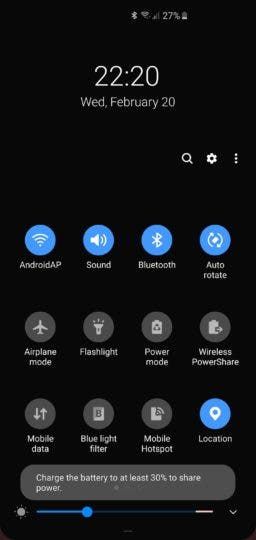Using The Galaxy S10's Wireless PowerShare requires a minimum power charge
