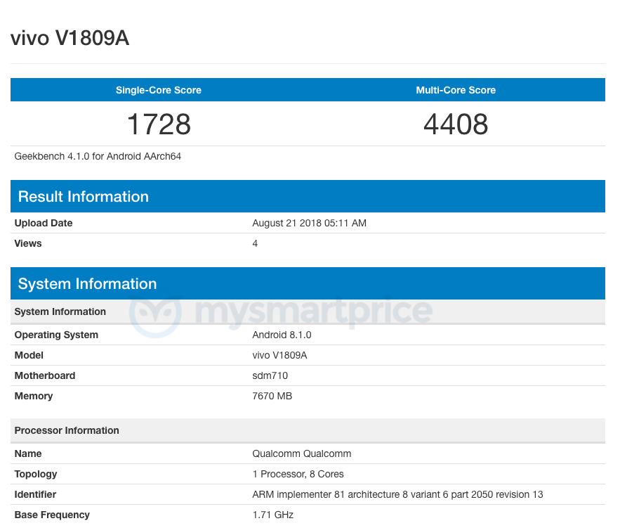 Vivo X23 visits Geekbench with 8GB RAM and Snapdragon 710 SoC