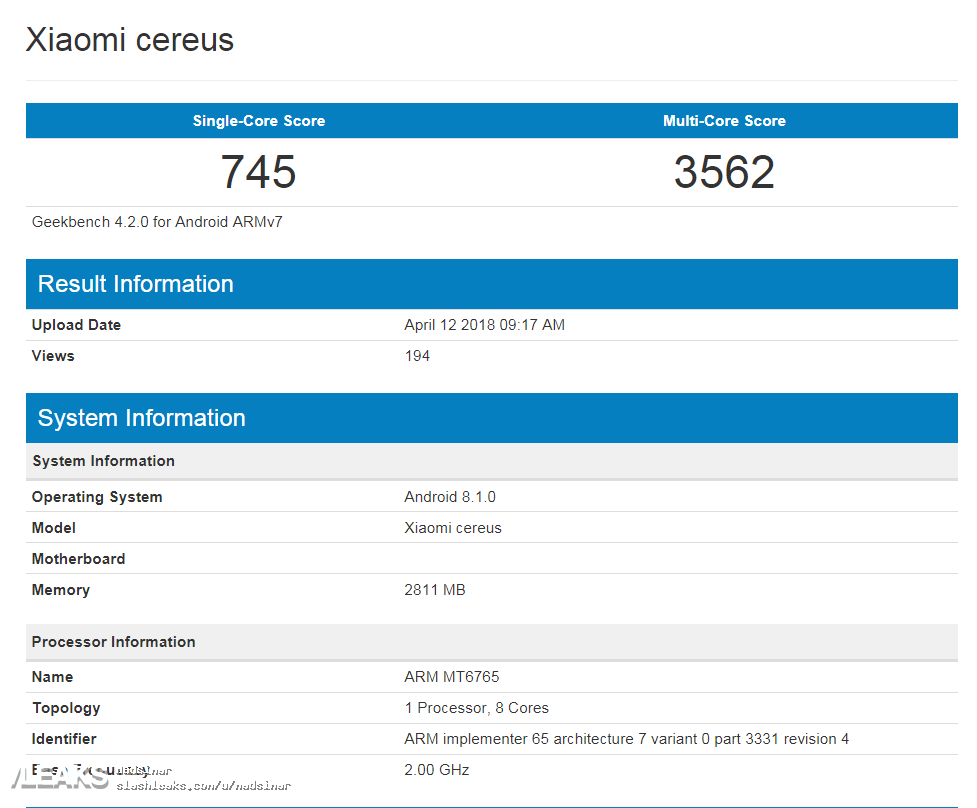 Alleged Redmi 6A arrives GeekBench with 12nm MT6765 8-core processor and "Cereus" codename