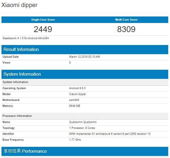 Xiaomi Dipper with Qualcomm 845 processor spotted on Geekbench