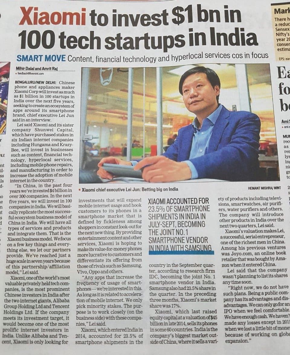 Xiaomi To Invest $1Bn In Indian Startup's Over The Next 5 Years