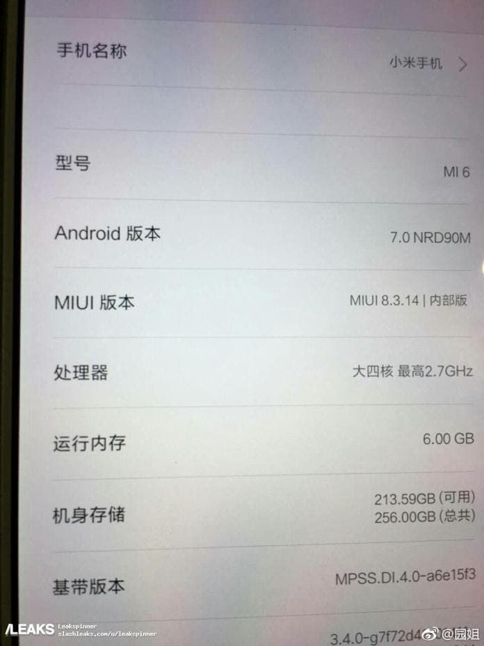 Xiaomi Mi6 Screenshot Confirms RAM and Storage