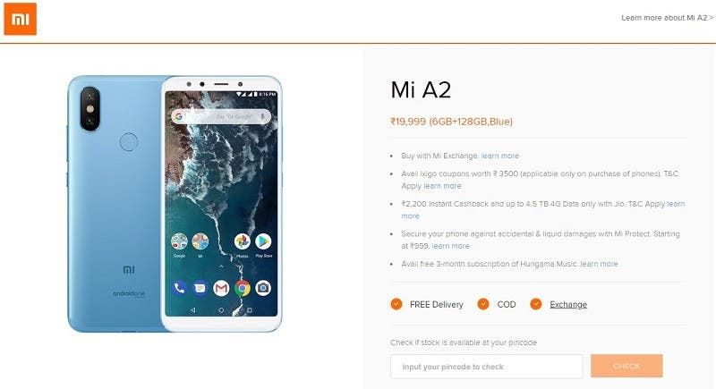 Xiaomi lists Mi A2 6GB +128GB variant on its official website