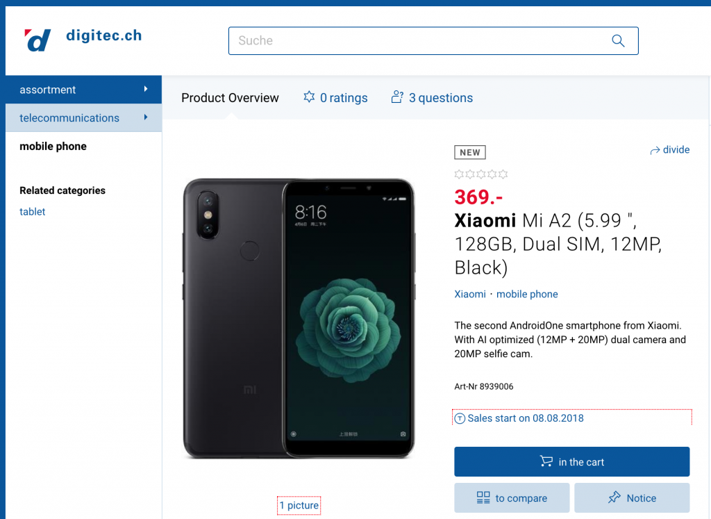 Xiaomi Mi A2 listed on Swiss retailer's website, shows sales starting on August 8th