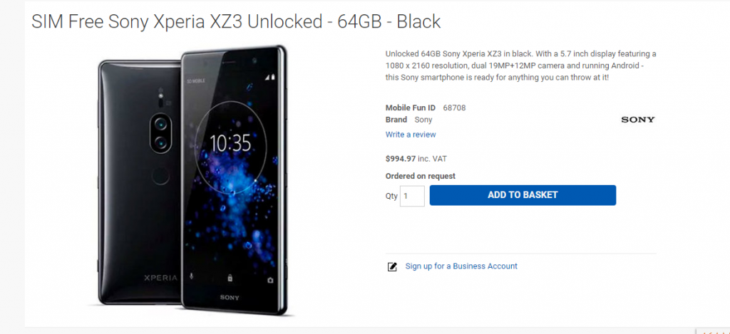 Sony Xperia XZ3 Specs and Price Listed on Online