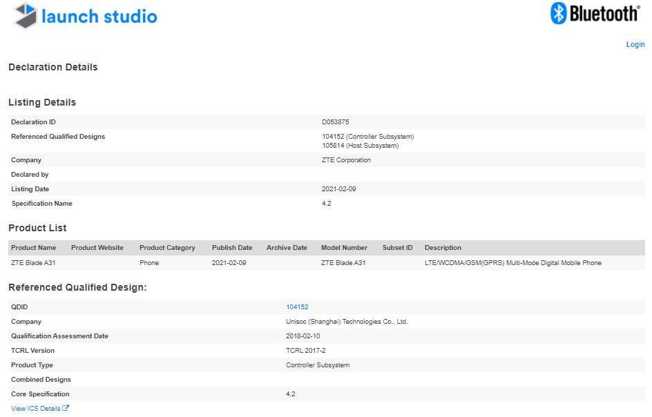 ZTE Blade A31 passes by Bluetooth SIG with UNISOC chipset