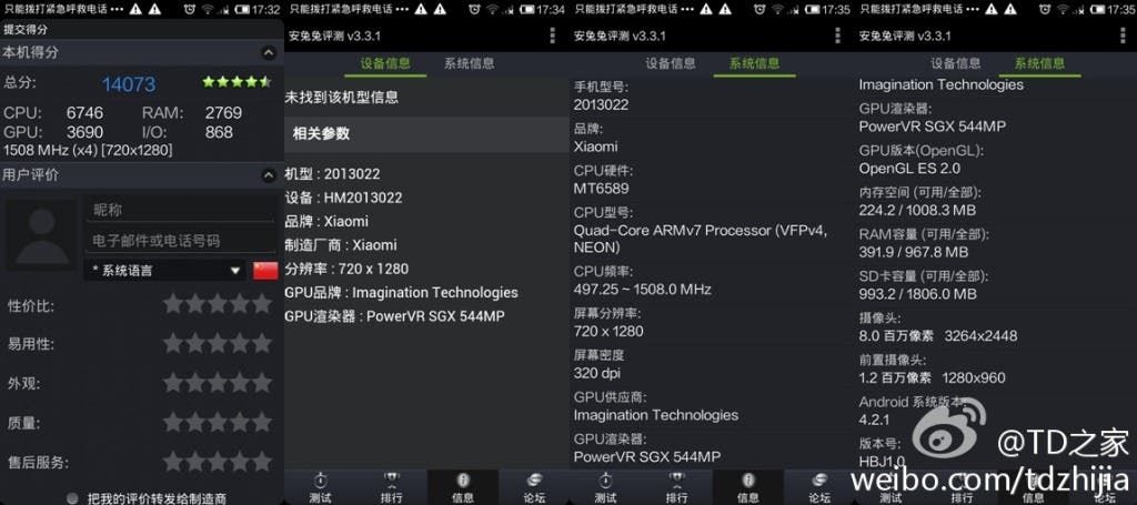 $160 Xiaomi Red Rice Antutu show 1.5Ghz MT6589T processor, could launch today!