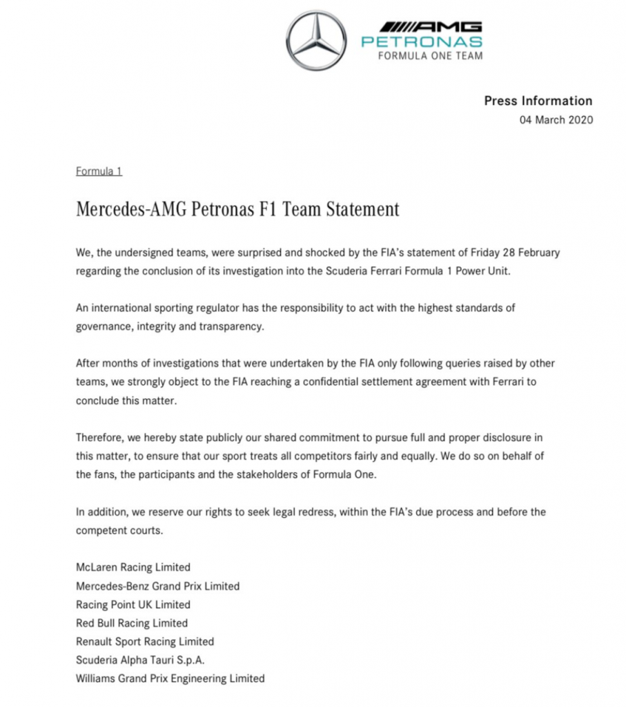 Breaking. Alle non-Ferrari teams spannen samen tegen FIA-overeenkomst!