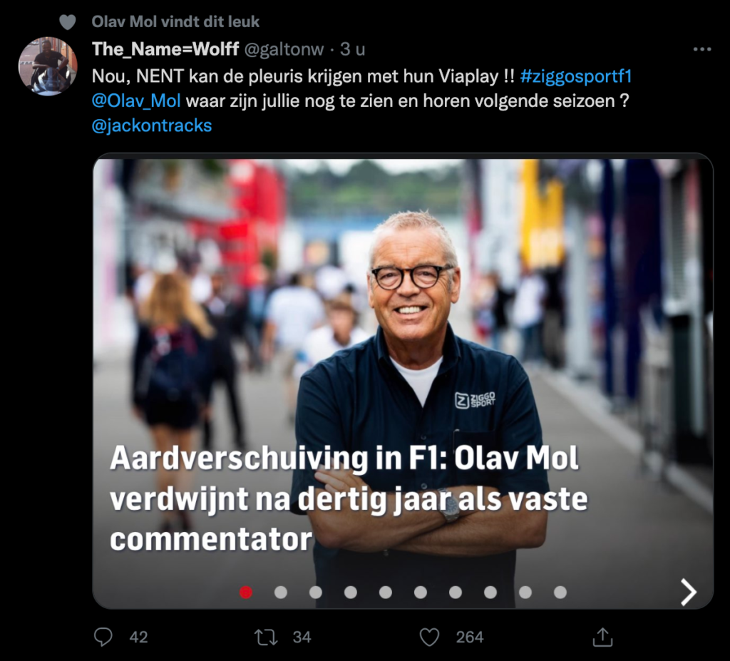 Olav Mol liket tweet: 'NENT kan de pleuris krijgen'