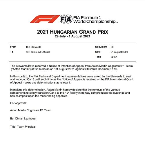 Aston Martin in hoger beroep tegen diskwalificatie Vettel