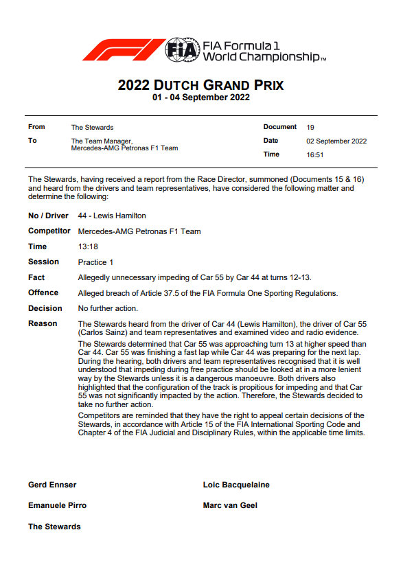 Stewards doen uitspraak over mogelijke straf voor Lewis Hamilton