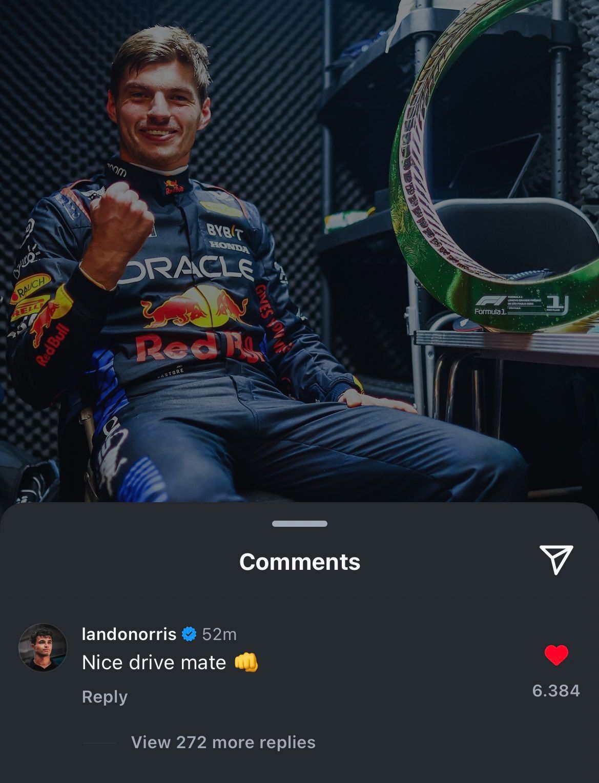 Lando Norris komt met opvallende reactie op Instagram na ‘gelukkige’ overwinning Max Verstappen in Brazilië