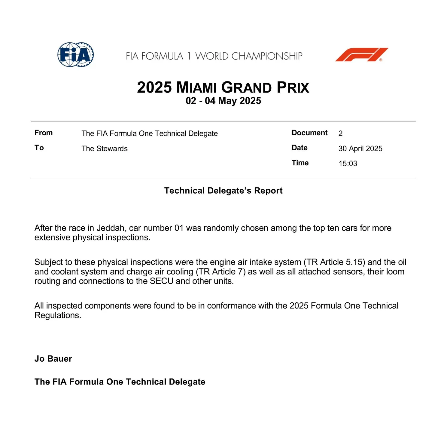 Het FIA-document nadat de RB21 van Max Verstappen was gecontroleerd in Jeddah