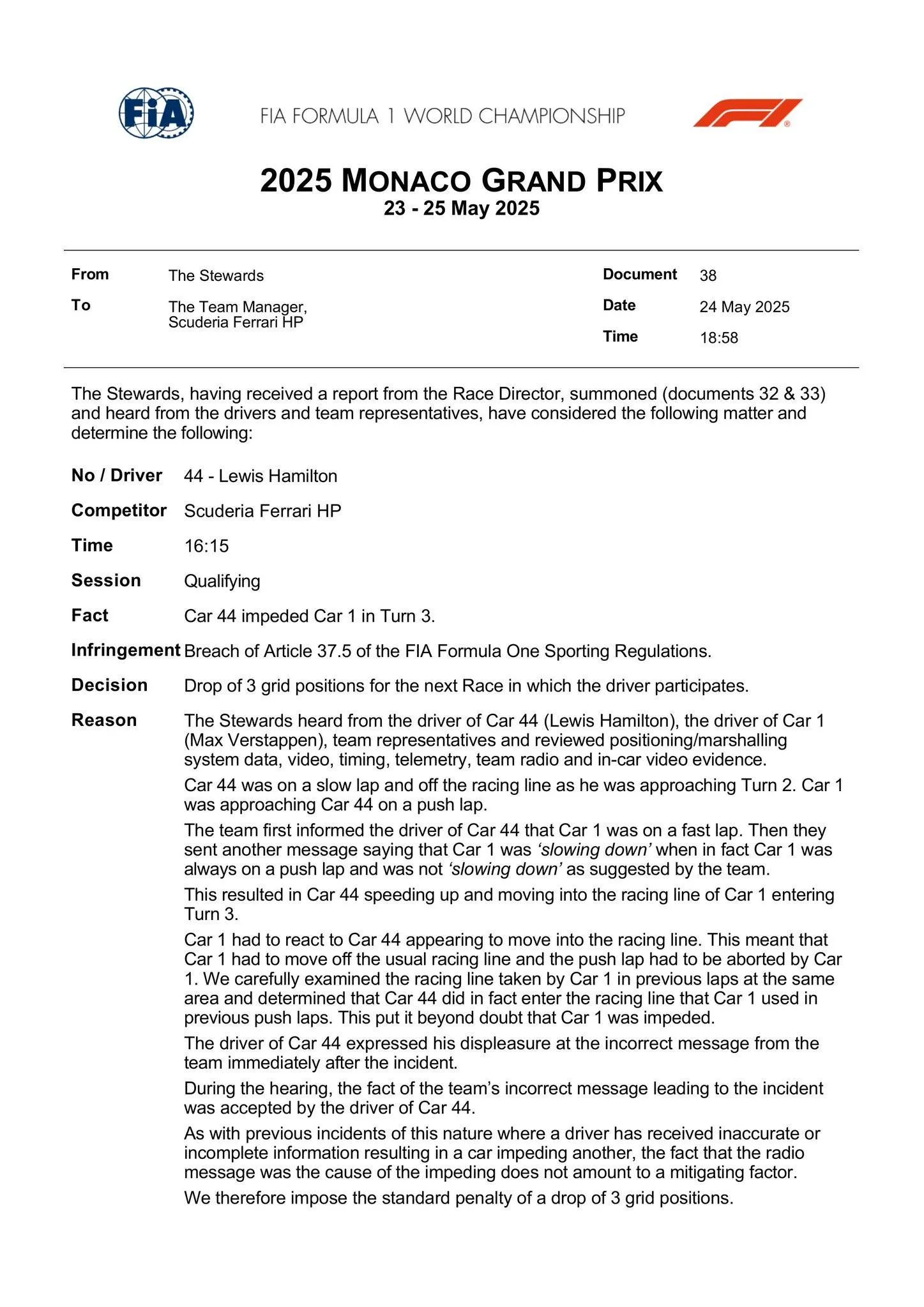 Het FIA-document na de straf voor Lewis Hamilton in Monaco