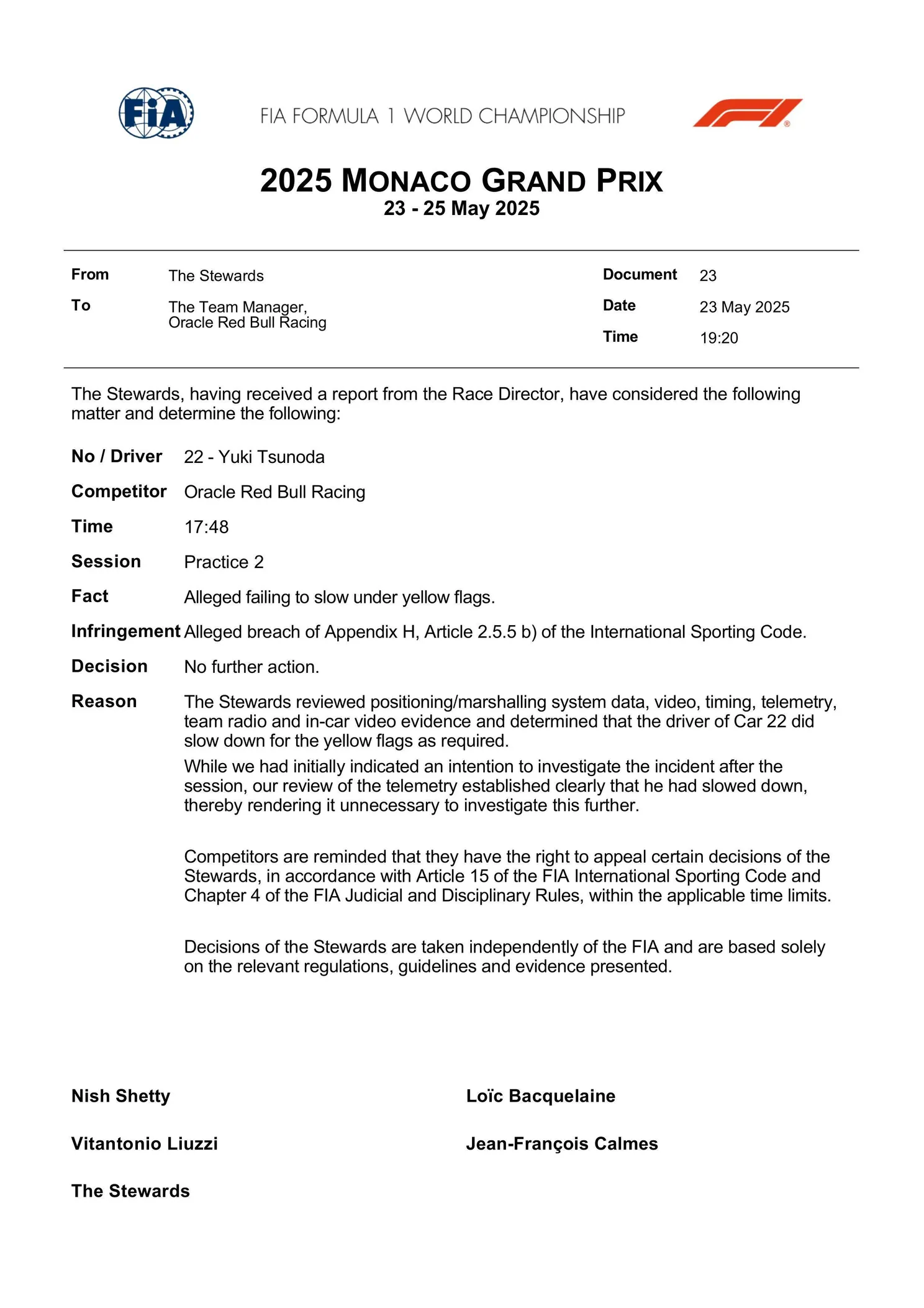 Het FIA-document na het onderzoek naar Yuki Tsunoda in VT2 Monaco