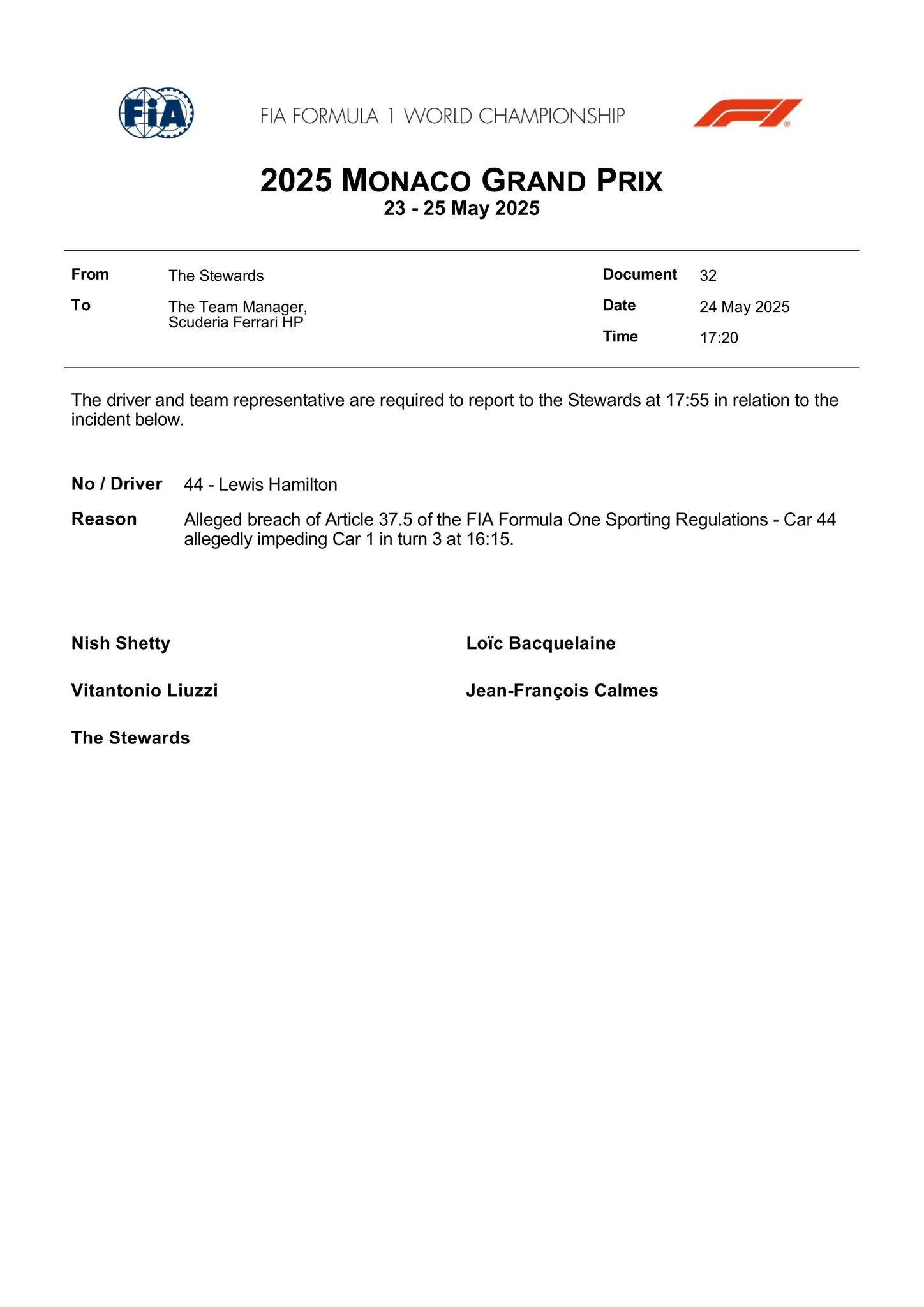 FIA-document na incident Max en Lewis in Monaco