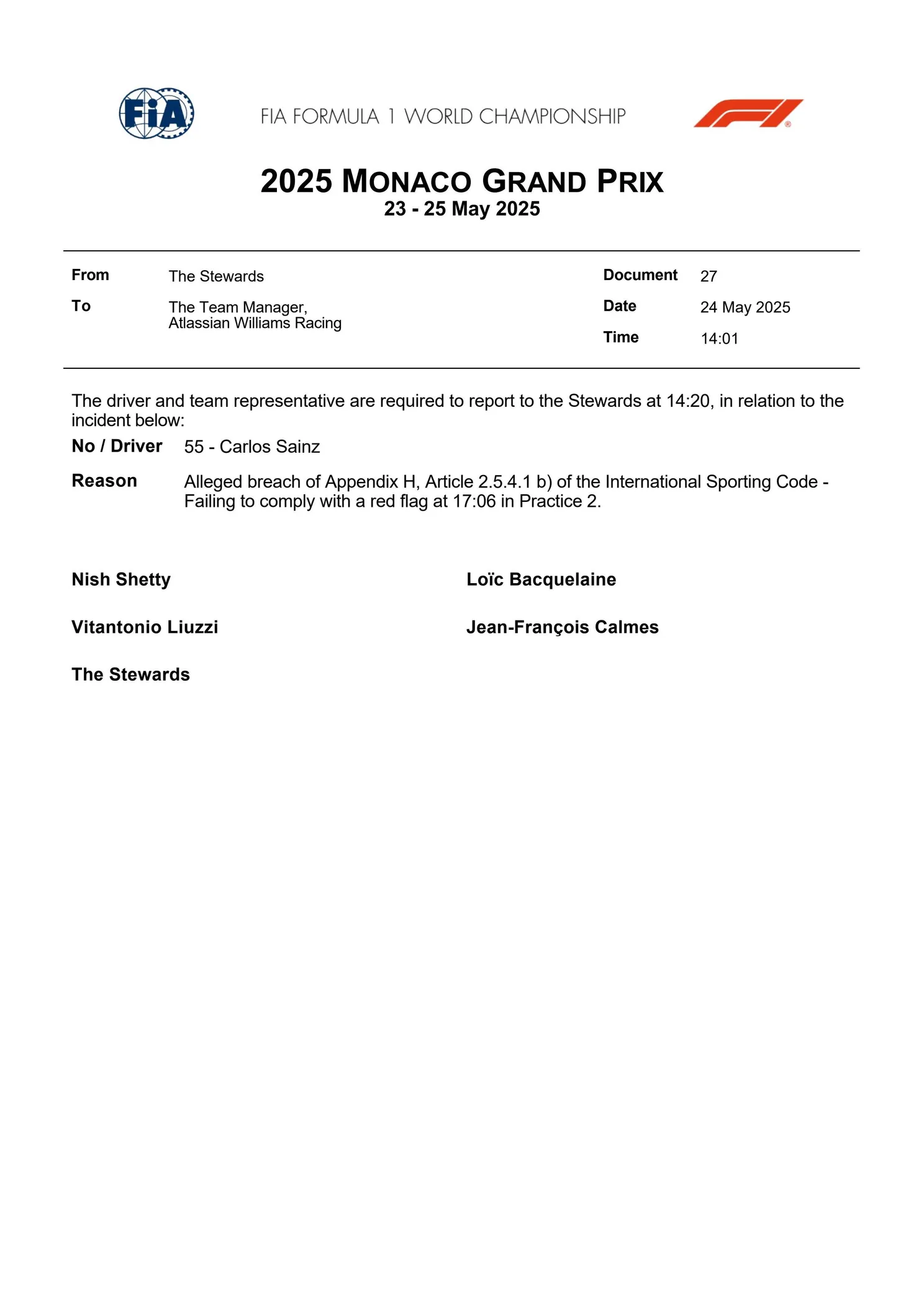 Het FIA-document voor de overtreding van Carlos Sainz tijdens VT2 in Monaco