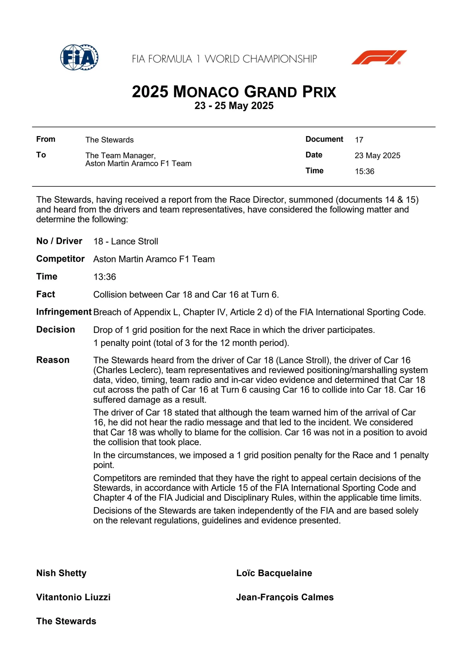 Het oordeel van de FIA-stewards na incident Lance Stroll in Monaco