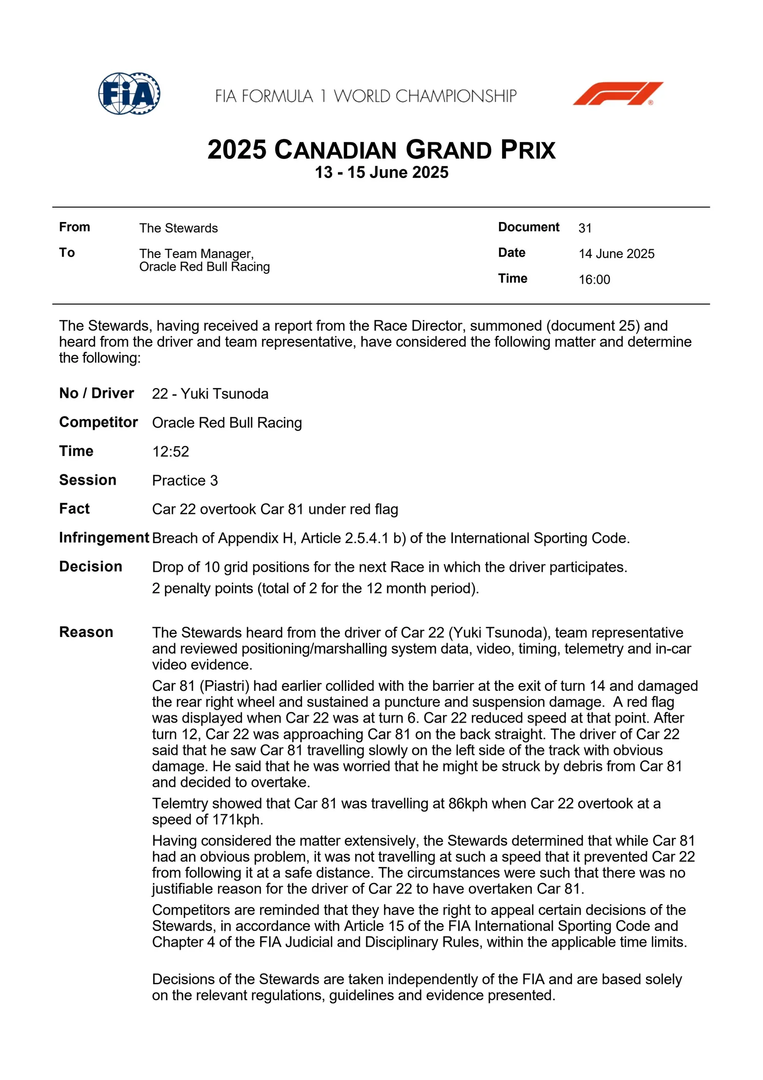 FIA deelt zeer zware straf uit aan Red Bull-coureur na vergrijp in Canada