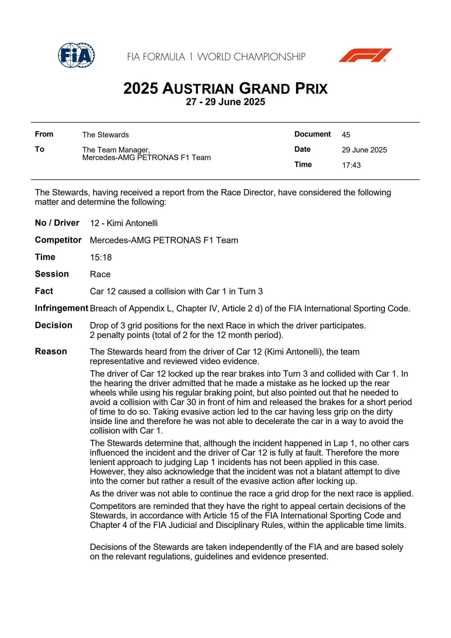 FIA deelt zware straf uit na crash tussen Max Verstappen en Kimi Antonelli