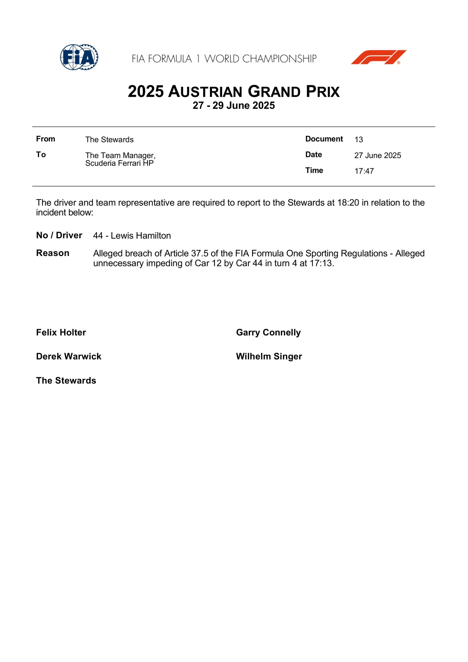 Het FIA-document na het incident van Lewis Hamilton tijdens VT2 in Oostenrijk