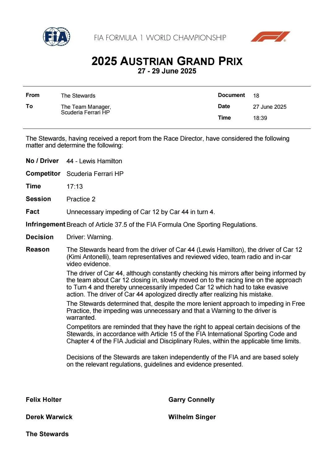 Het FIA-oordeel van de stewards na het incident van Lewis Hamilton tijdens VT2 in Oostenrijk