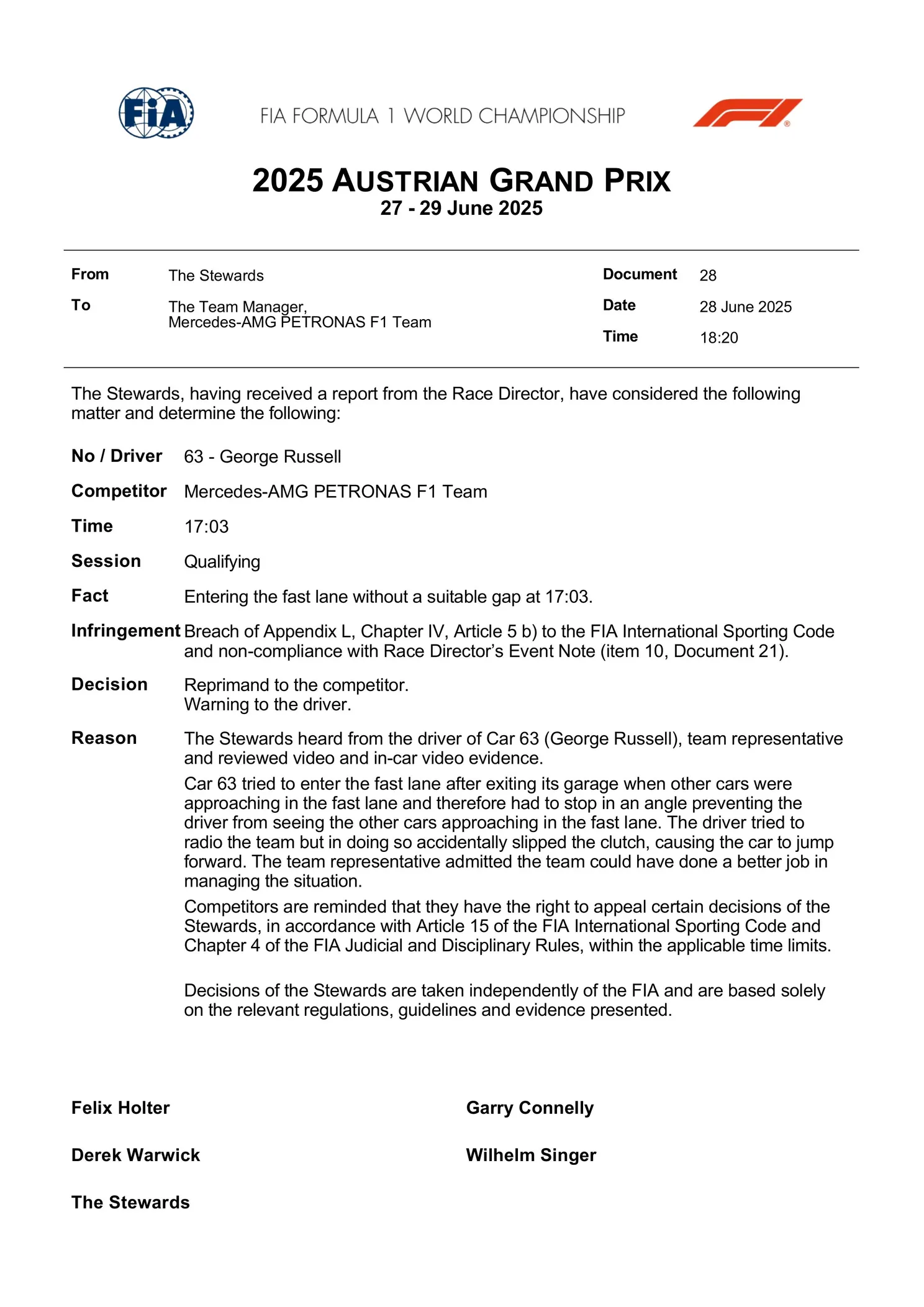 De uitslag van de stewards na het onderzoek naar George Russell in Oostenrijk