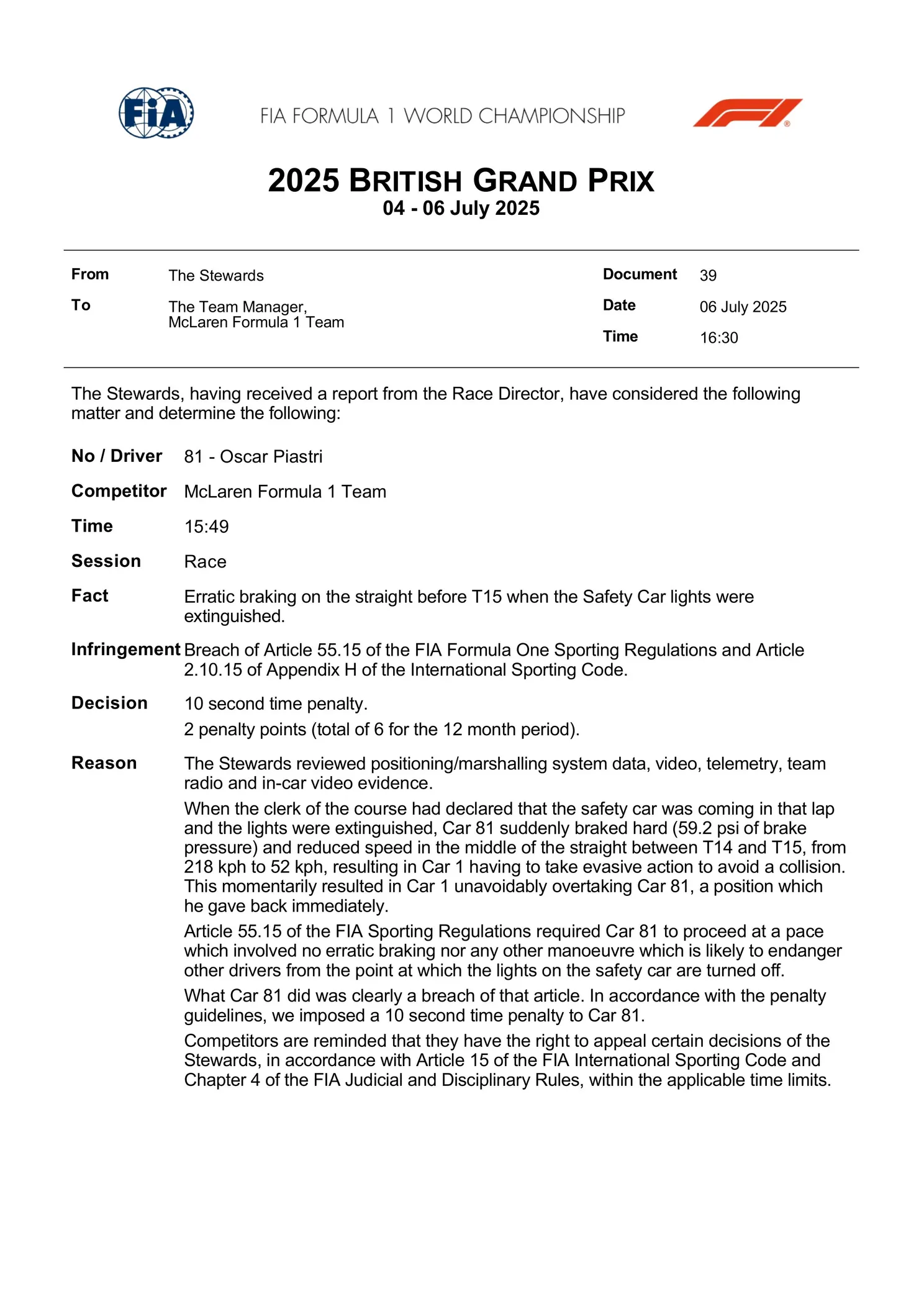 Het FIA-document na het incident van Oscar Piastri met Max Verstappen tijdens de race in Groot-Brittannië