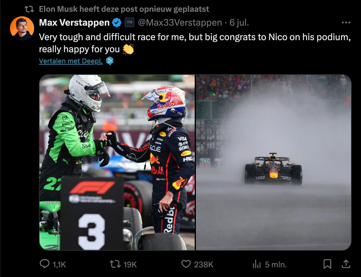 X-eigenaar Elon Musk deelt bericht Max Verstappen na Grand Prix Groot-Brittannië