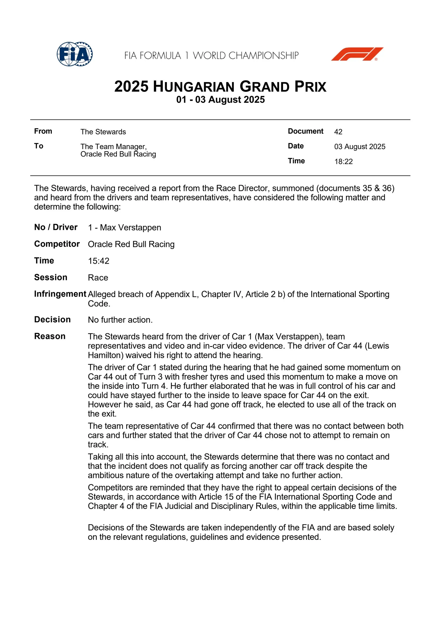 BREAKING: Stewards doen uitspraak over incident tussen Max Verstappen en Lewis Hamilton