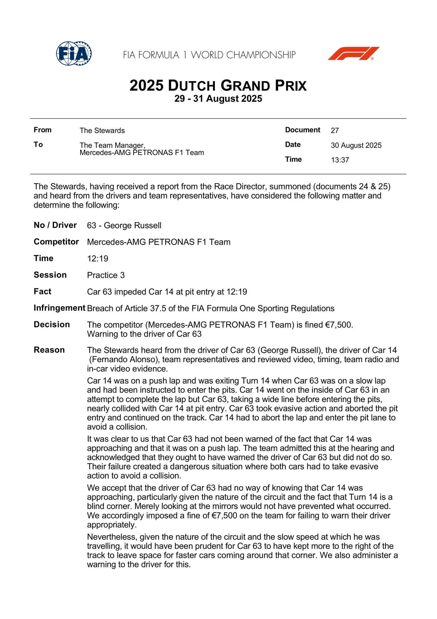 FIA deelt forse straf uit na gevaarlijk incident in derde vrije training