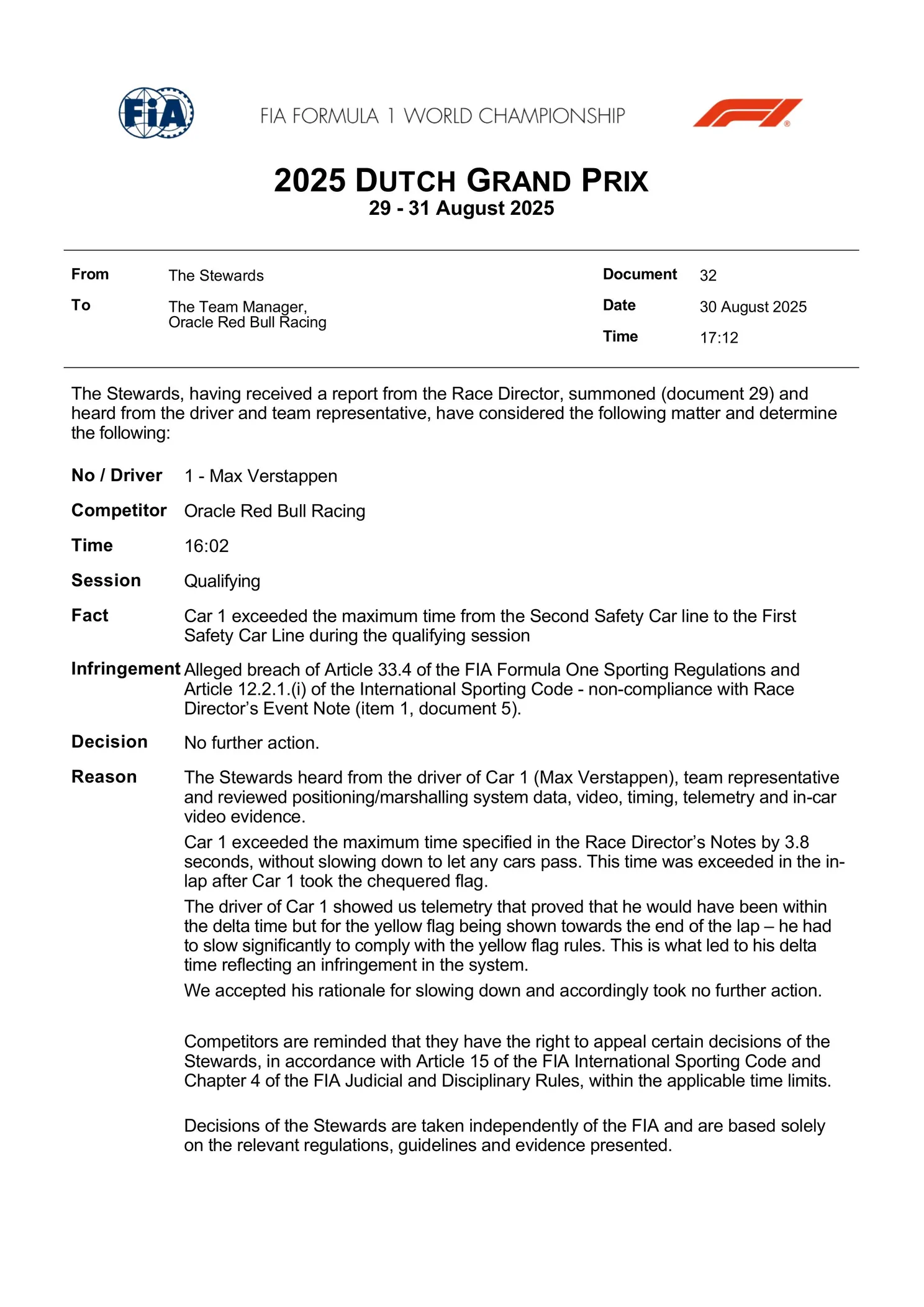 FIA doet uitspraak over onderzoek naar Max Verstappen