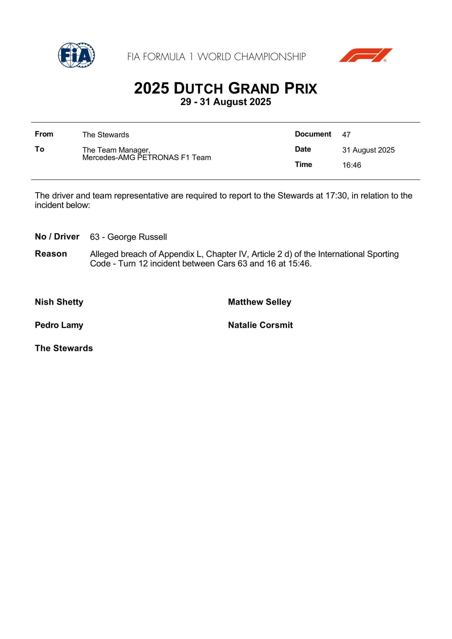 FIA roept meerdere coureurs ter verantwoording: uitslag Dutch GP mogelijk de schop